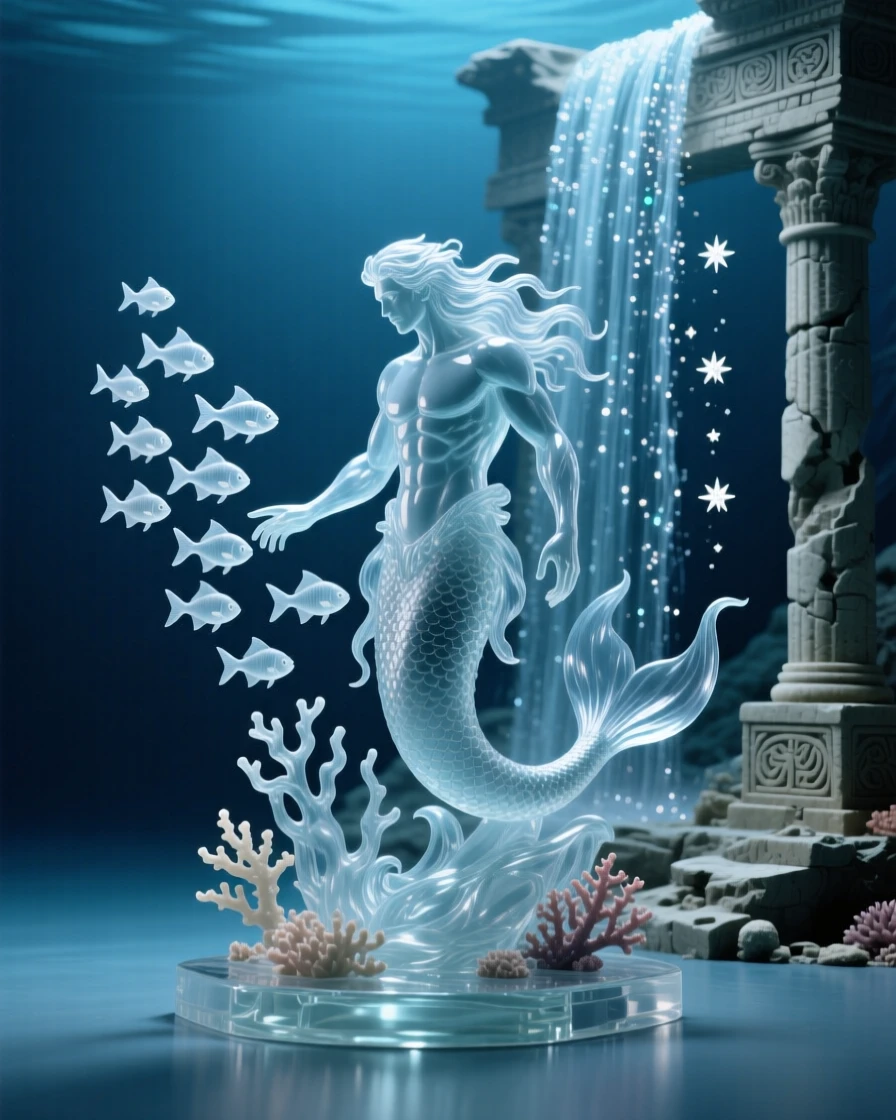As a waterfall of stardust cascades in the background, a merman guiding a school of fish through a sunken temple, while the wind carries a faint, otherworldly song