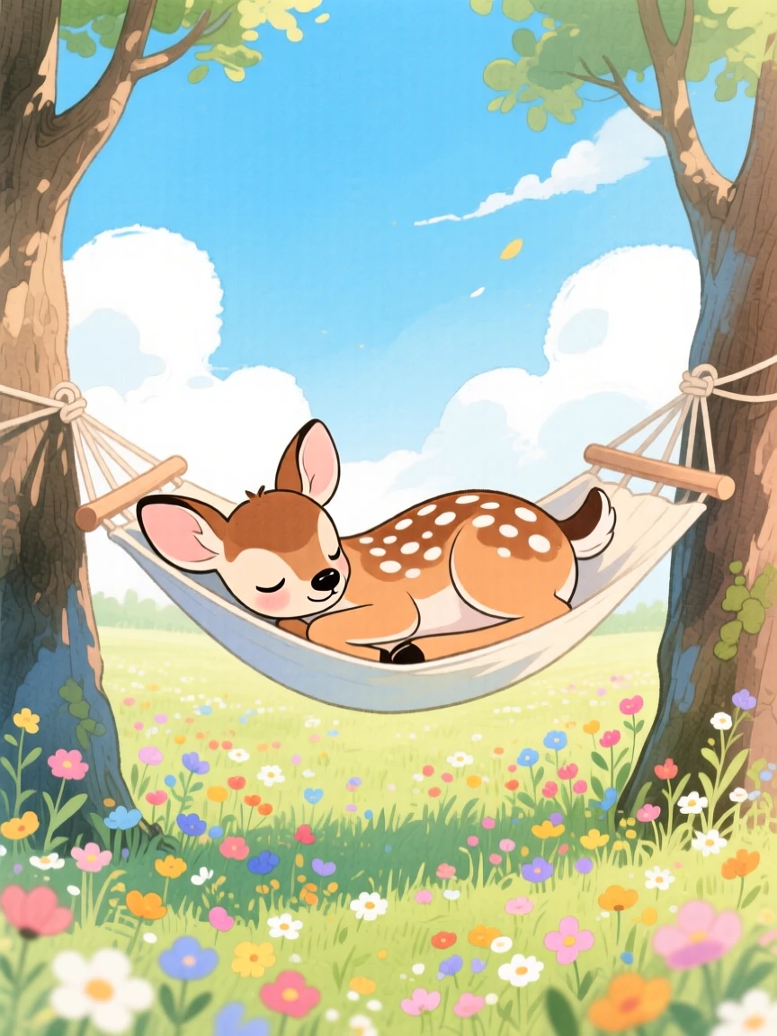 A spotted fawn dozing in a hammock strung between two trees, set in a meadow bursting with wildflowers under a blue sky, evoking warmth and gentle affection.
