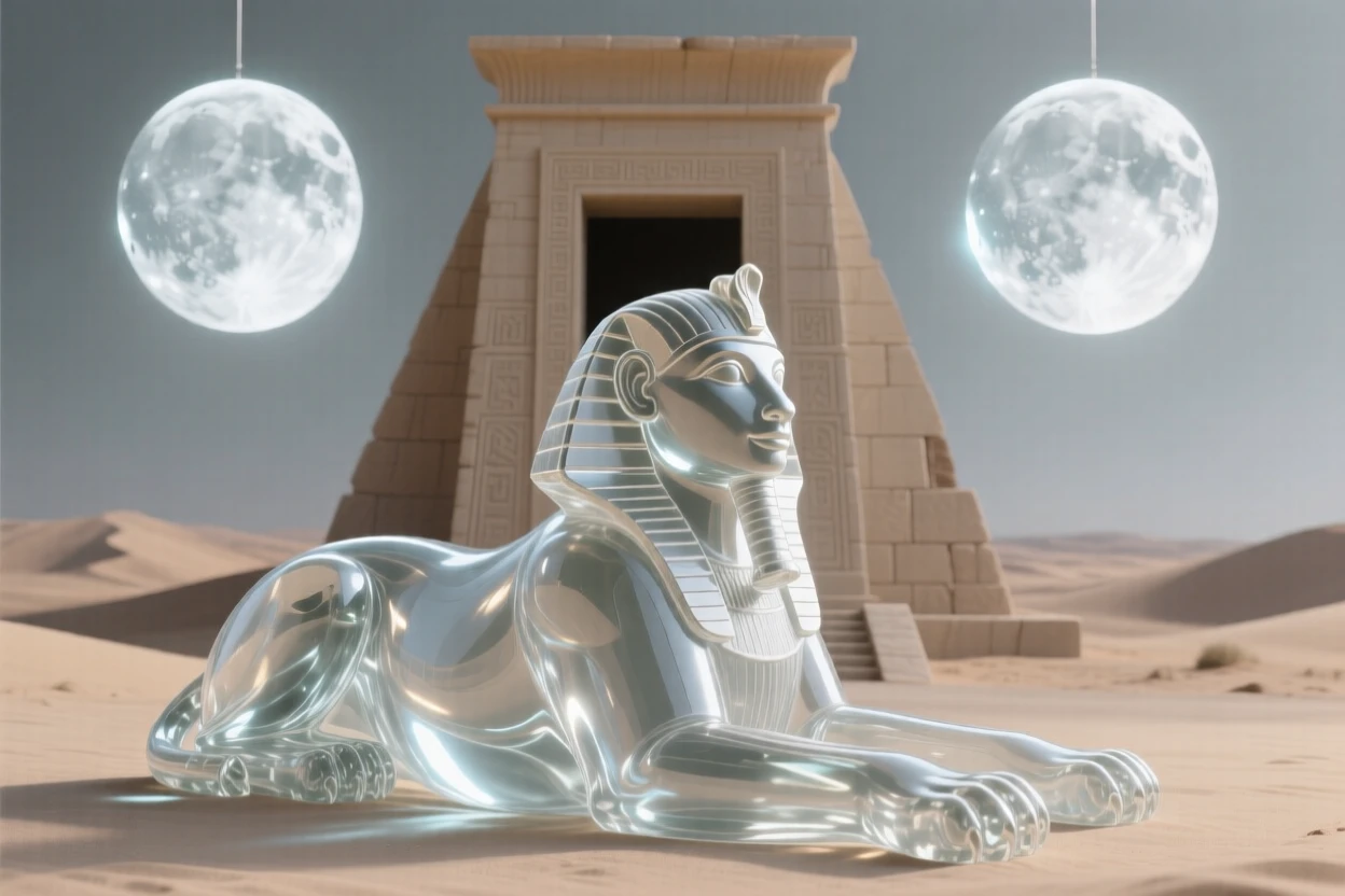 Beneath twin moons hanging low over the horizon, a sphinx resting before the entrance to a hidden desert temple