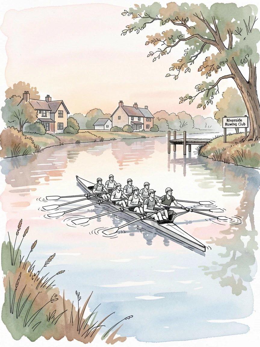 A team of rowers gliding across a calm river at dawn, the surrounding setting adding a sense of everyday charm.