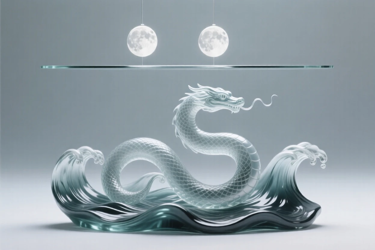 Beneath twin moons hanging low over the horizon, a sea serpent coiling gracefully through ocean waves, while distant lights flicker like scattered stars