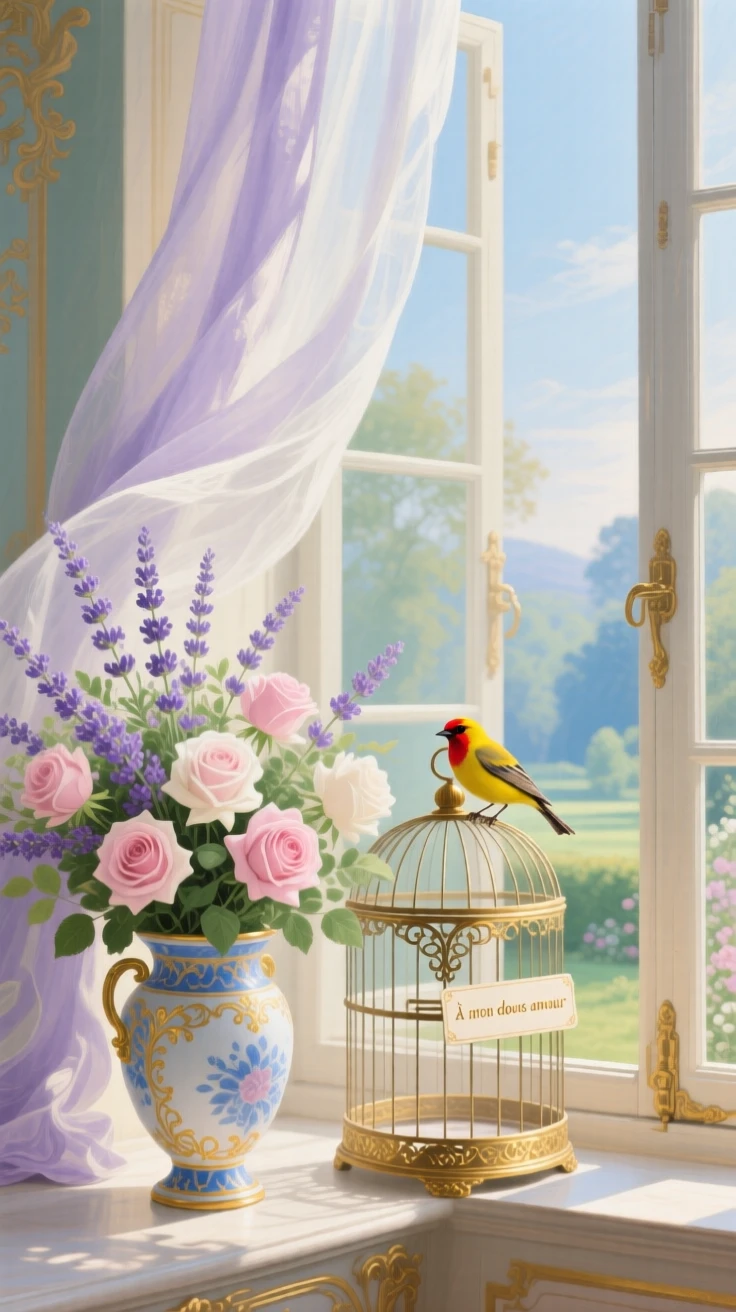 A bouquet of lavender and roses beside an open window and a birdcage  
