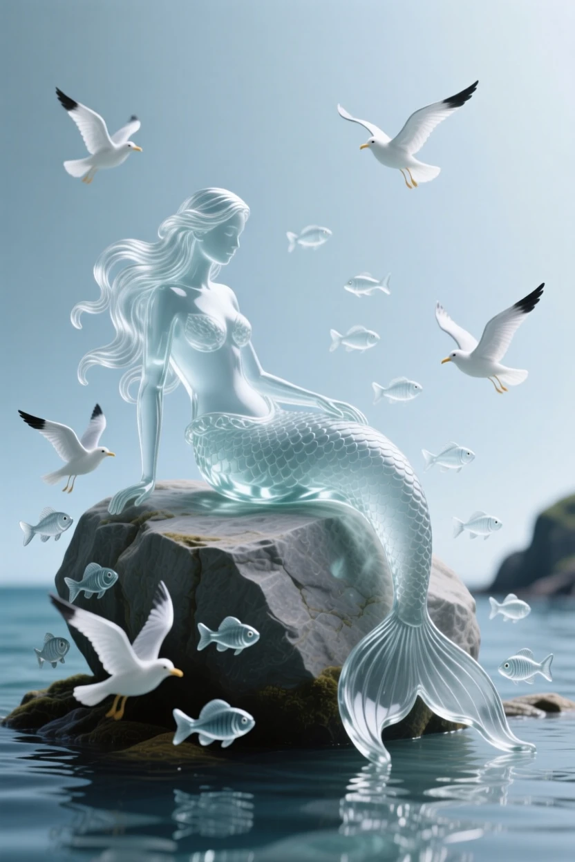 A mermaid resting on a rock at the edge of a hidden cove while a flock of smaller creatures scatters into flight