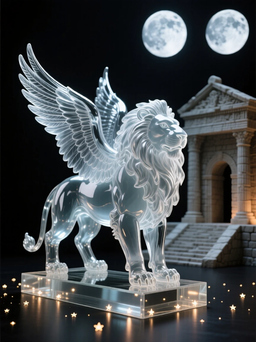 Beneath twin moons hanging low over the horizon, a winged lion standing guard before an ancient temple, while distant lights flicker like scattered stars