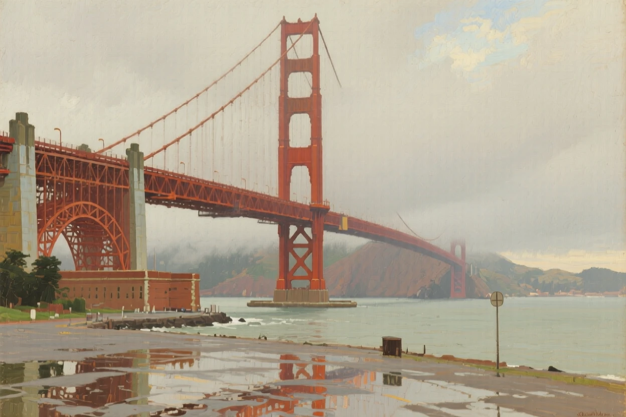 The Golden Gate Bridge emerging from a thick blanket of coastal fog, as reflections shimmer across nearby water or wet pavement, radiating the unique charm and grandeur of world architecture