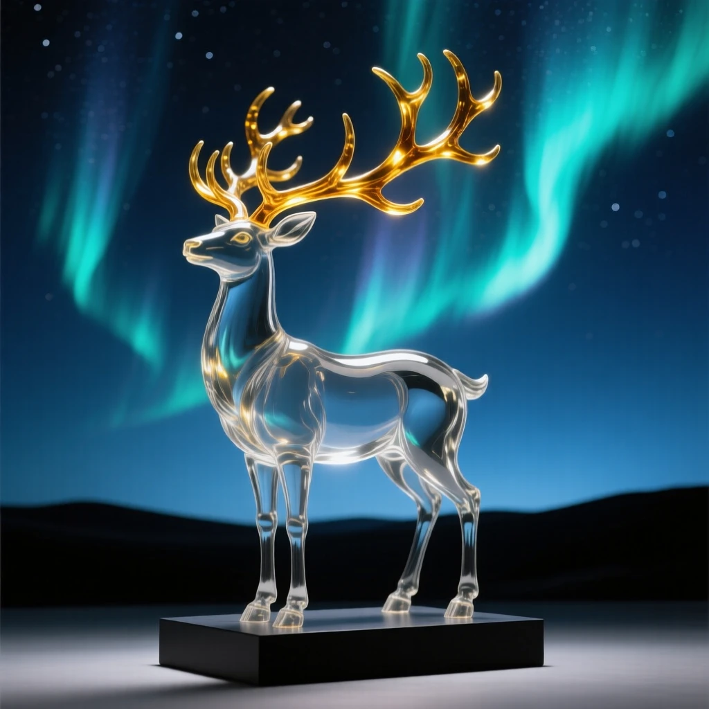 Beneath a sky filled with swirling northern lights, a mythical stag with antlers made of branching golden light
