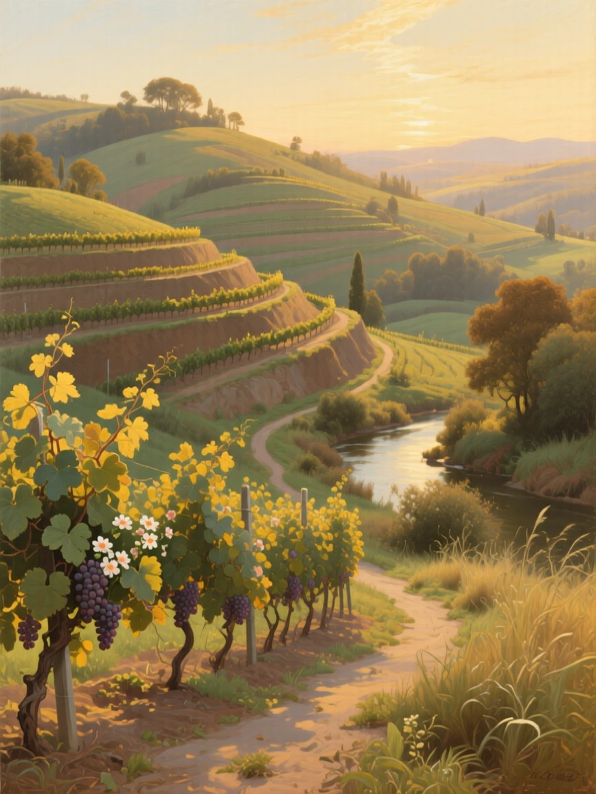 A terraced vineyard rolling across sunlit hillsides captured in the fleeting stillness of a perfect moment, set at the edge where cultivated land meets wild nature, with golden light catching the edges of every leaf and petal; a winding path or river leads the eye deep into the distance, suggesting harmony between the natural world and the soul.