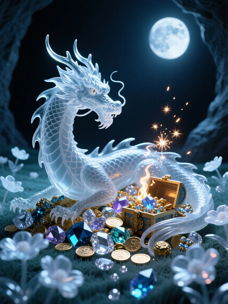 As moonlight spills across a field of glowing flowers, a wise old dragon guarding a hoard of treasure in a cave, while sparks drift upward into the night air