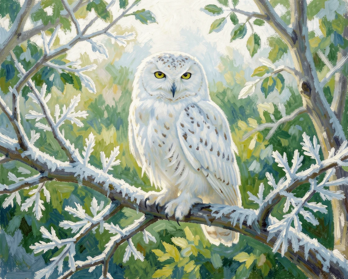 A snowy owl perched on a frost-covered branch, feathers ruffled by a gentle winter wind, in the lush green of midsummer, capturing a moment of quiet intimacy.