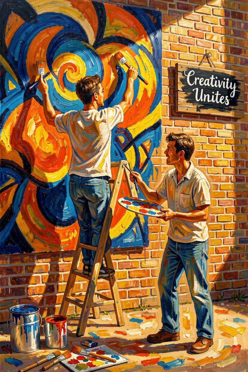 Two friends painting a mural together on a sunlit brick wall.