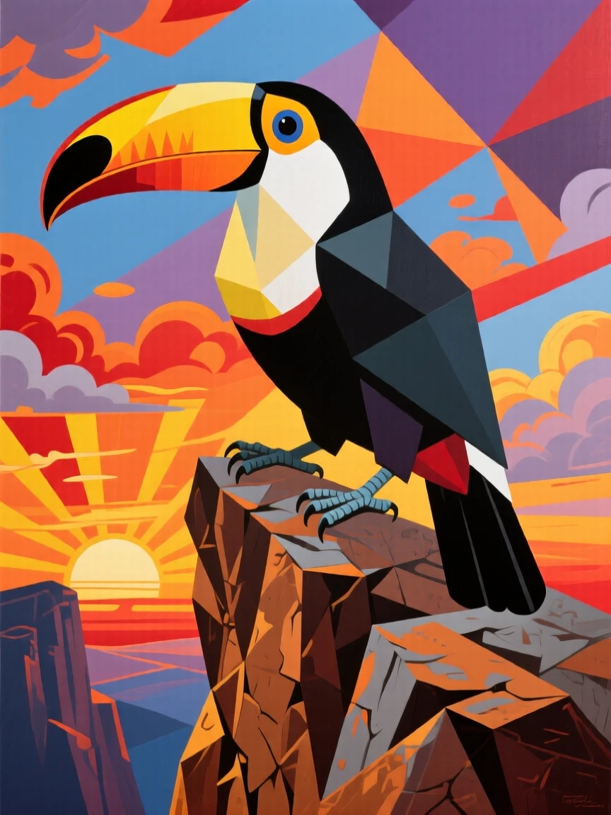 A striking view of a toucan perched high on a rocky cliff at sunset beneath a dramatic sky.