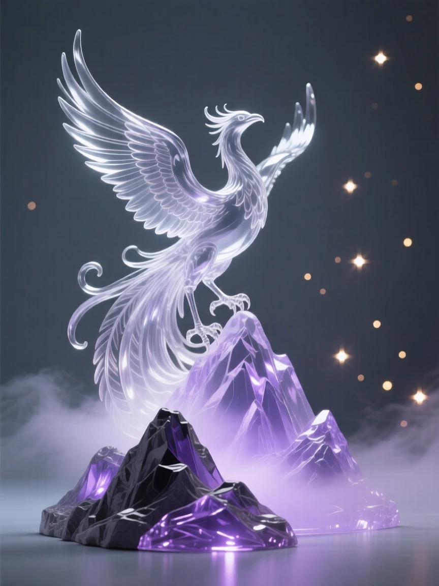 With distant mountains fading into a purple mist, a phoenix rising above a mountain range in a burst of light, while distant lights flicker like scattered stars