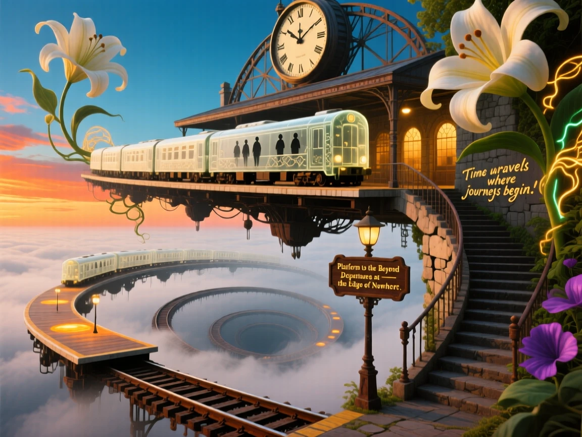 A train station with platforms suspended in mist sits quietly at the edge of an endless staircase, while a soft golden light seeps from every crack.