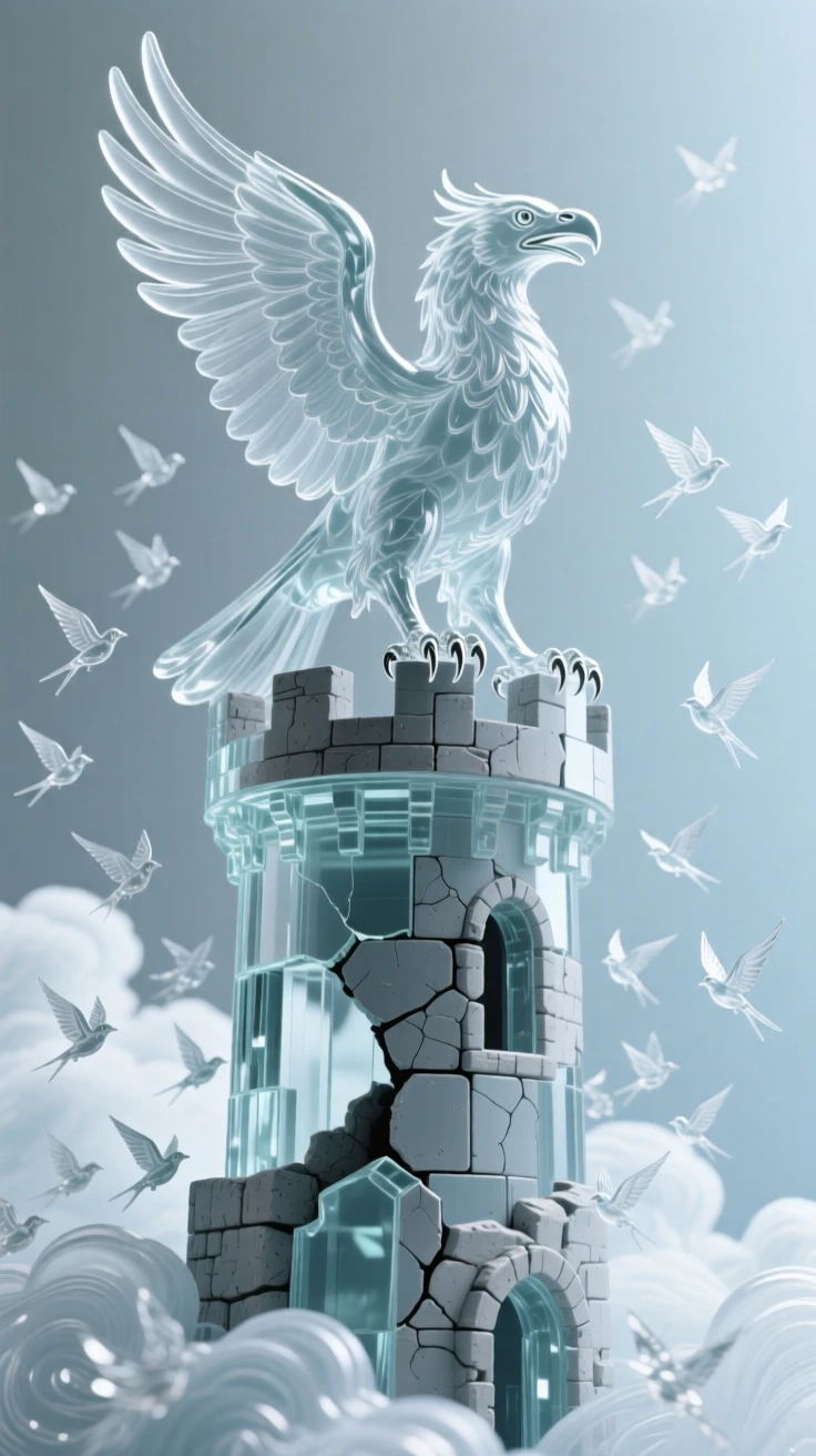 As hundreds of birds circle through the surrounding clouds, a griffin perched atop a crumbling ancient tower