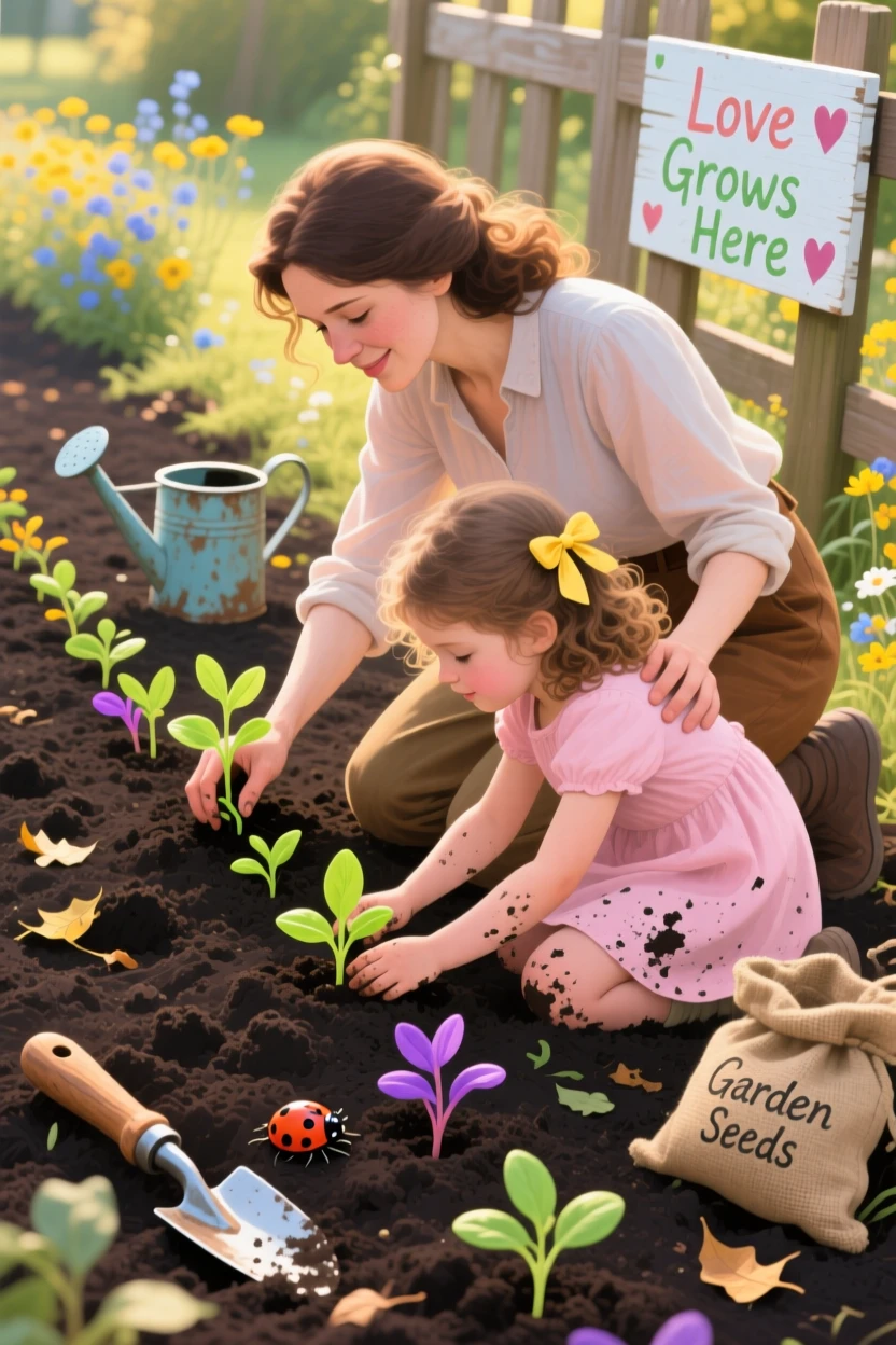 A mother and daughter share a quiet moment gardening together, both kneeling in rich soil planting rows of colorful seedlings, a quiet warmth radiating from the interaction, grounded in small authentic details.