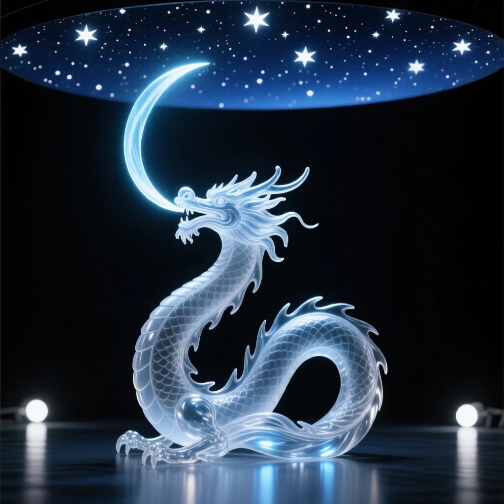 Beneath a canopy of stars scattered across the night, a dragon breathing a gentle stream of light into the night sky