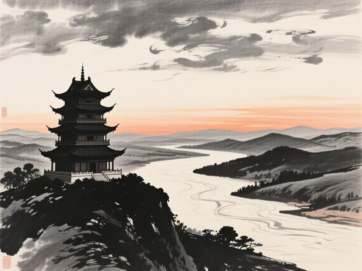 A multi-tiered pagoda overlooks a wide river valley at sunset, beneath a sky filled with drifting clouds.