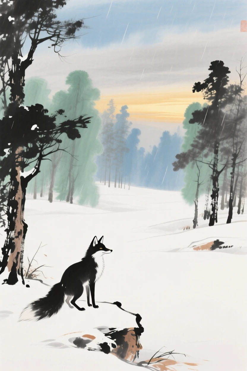 A fox pausing at the edge of a snowy forest clearing, beneath a sky washed clean by rain, in the last golden light of day.