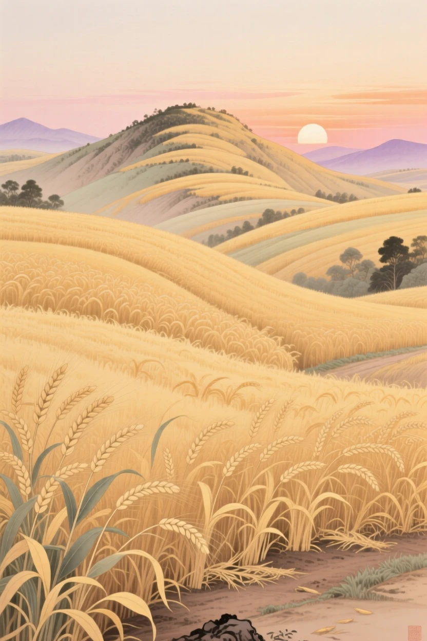 Rolling hills covered in golden wheat at harvest time, with the first light of sunrise touching the highest peak