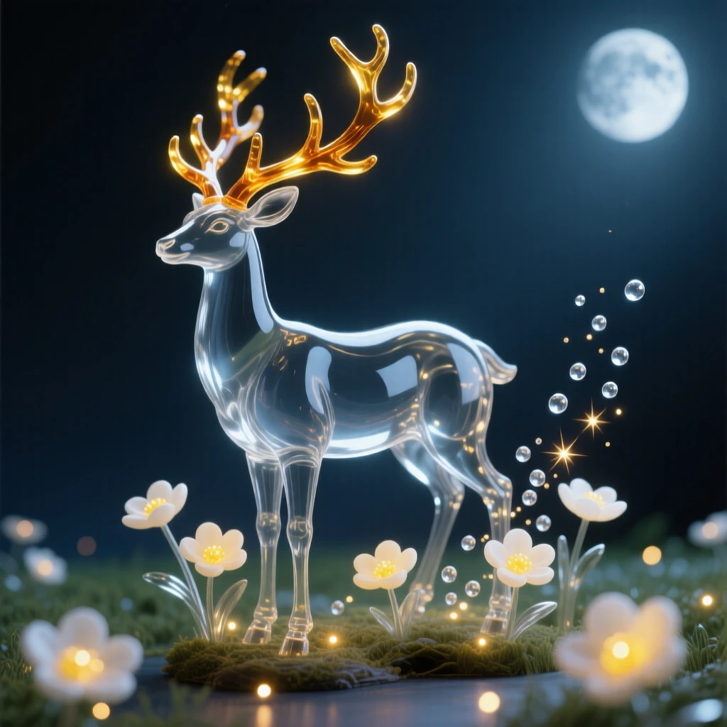 A mythical stag with antlers made of branching golden light as moonlight spills across a field of glowing flowers, while sparks drift upward into the night air
