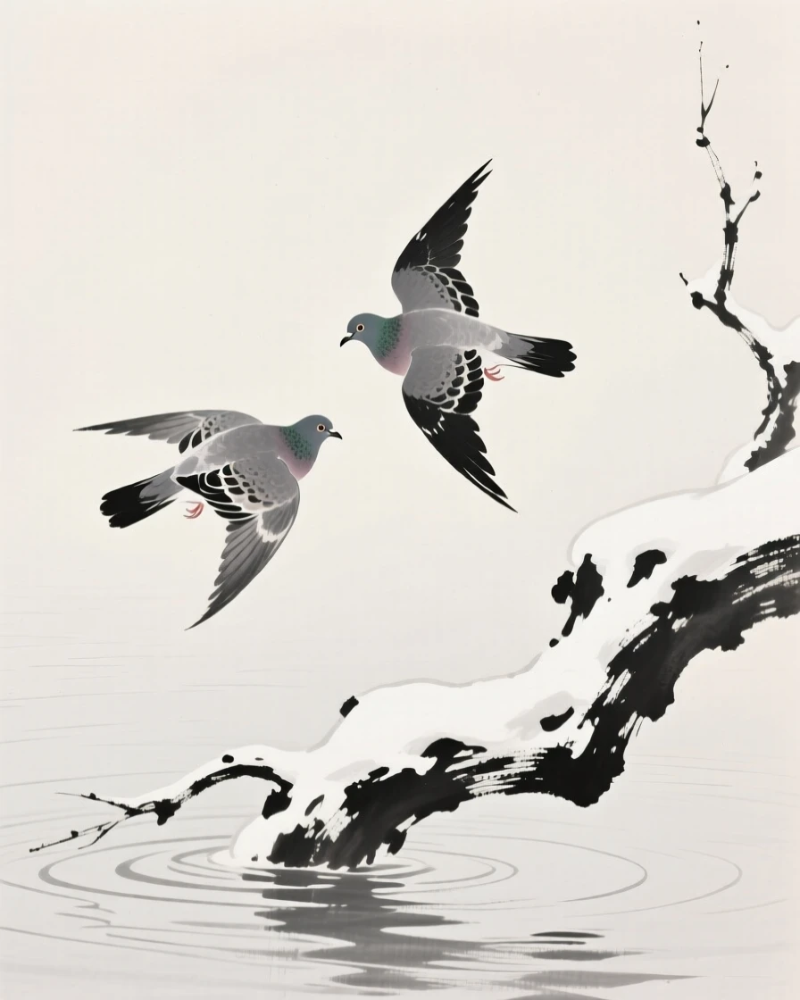 A pair of doves gliding low across the water's surface beside a snow-covered branch, seen up close with delicate feather detail, conveying serenity and effortless movement.
