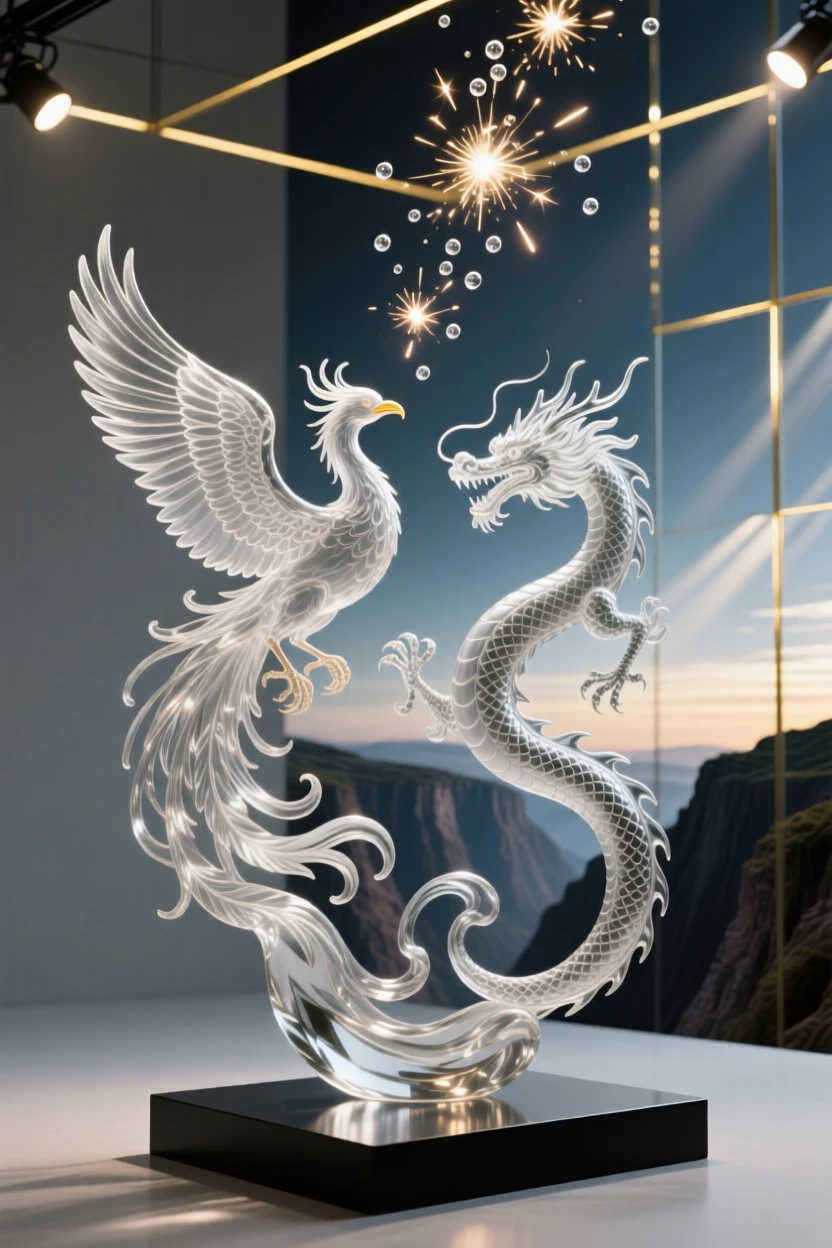 A phoenix and a dragon circling each other above a canyon beneath a sky split by streaks of golden light, while sparks drift upward into the night air