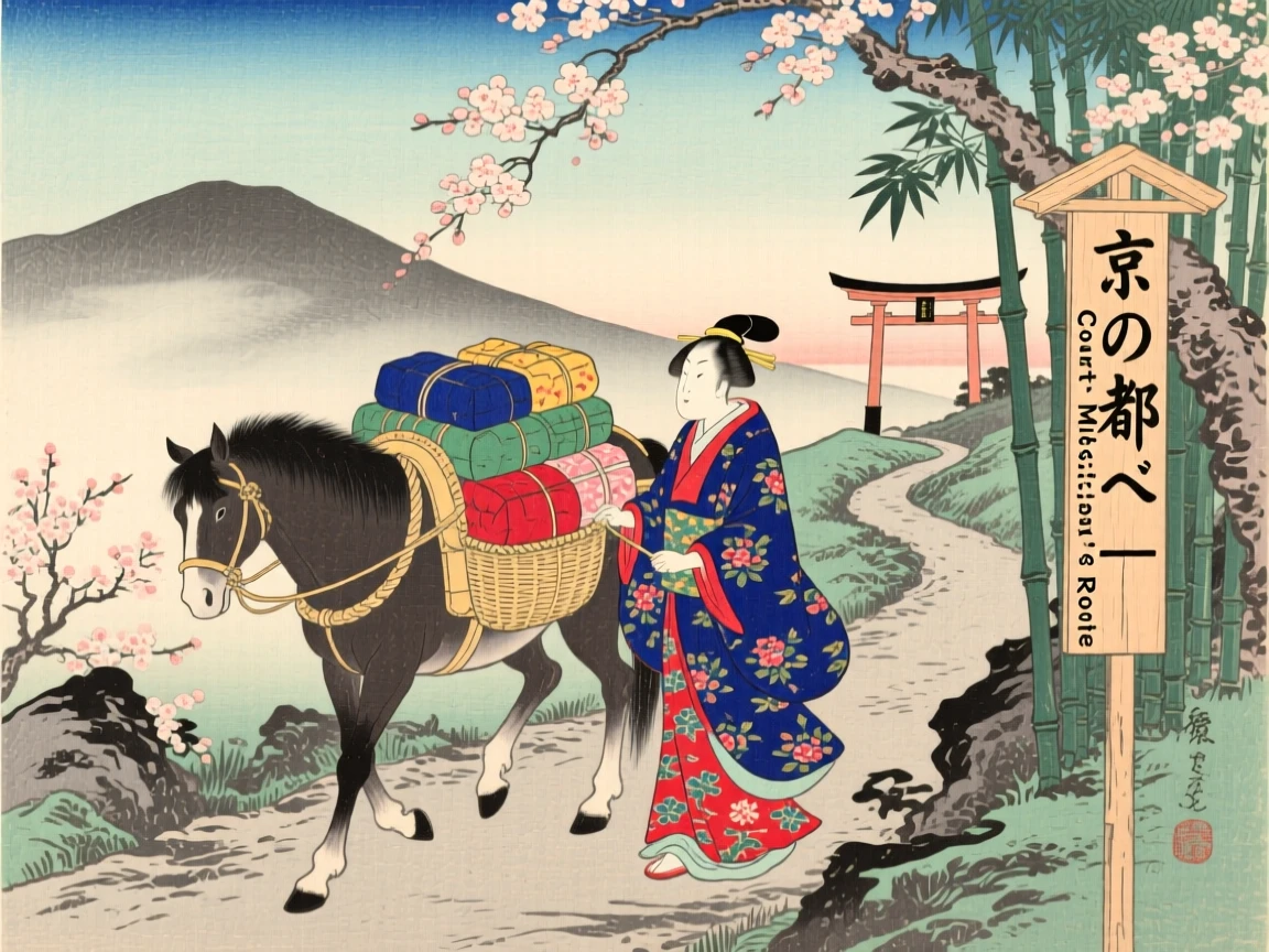 A court musician leading a loaded packhorse along a trail.