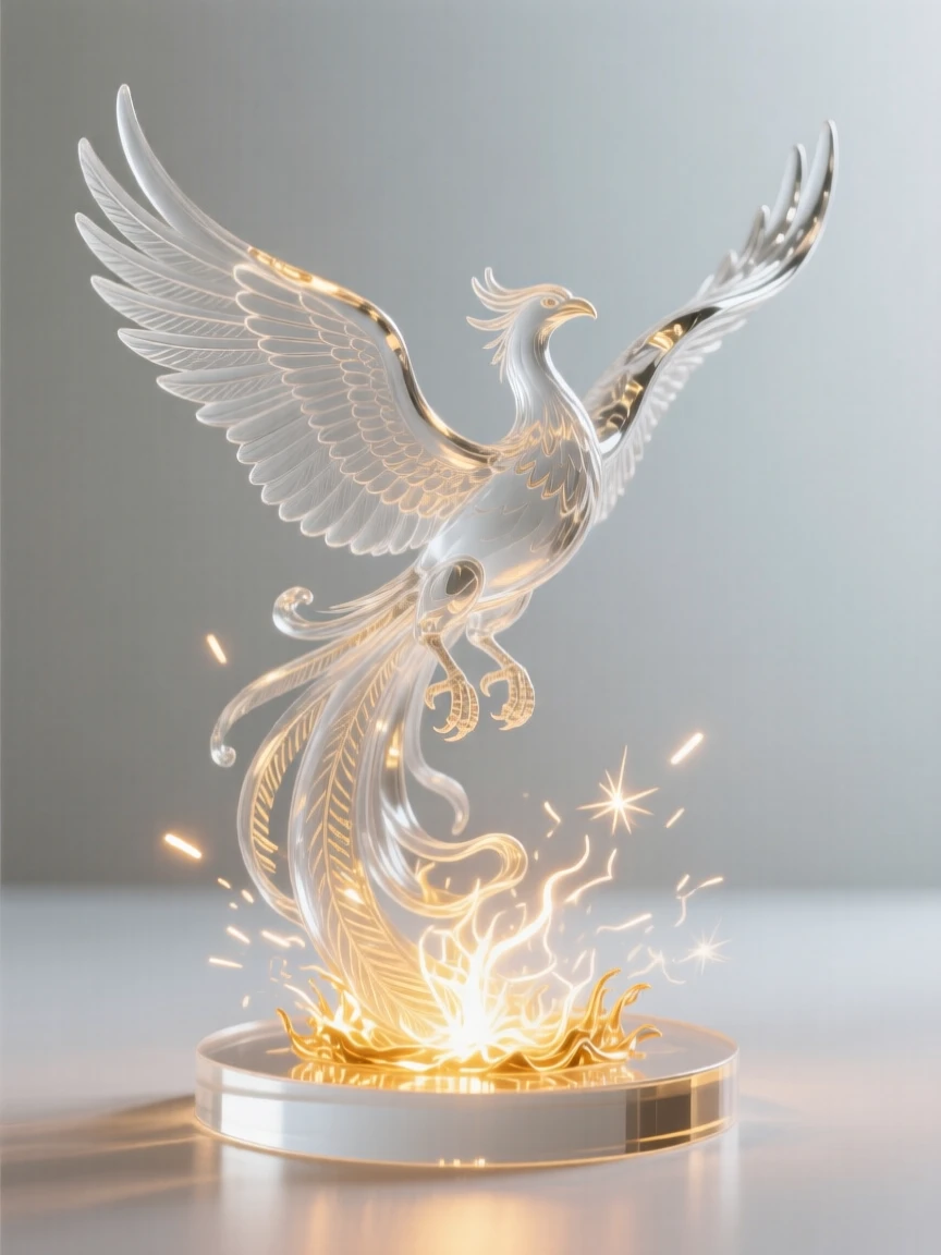 A phoenix spreading its wings above a circle of rising sparks, beneath a sky split by streaks of golden light