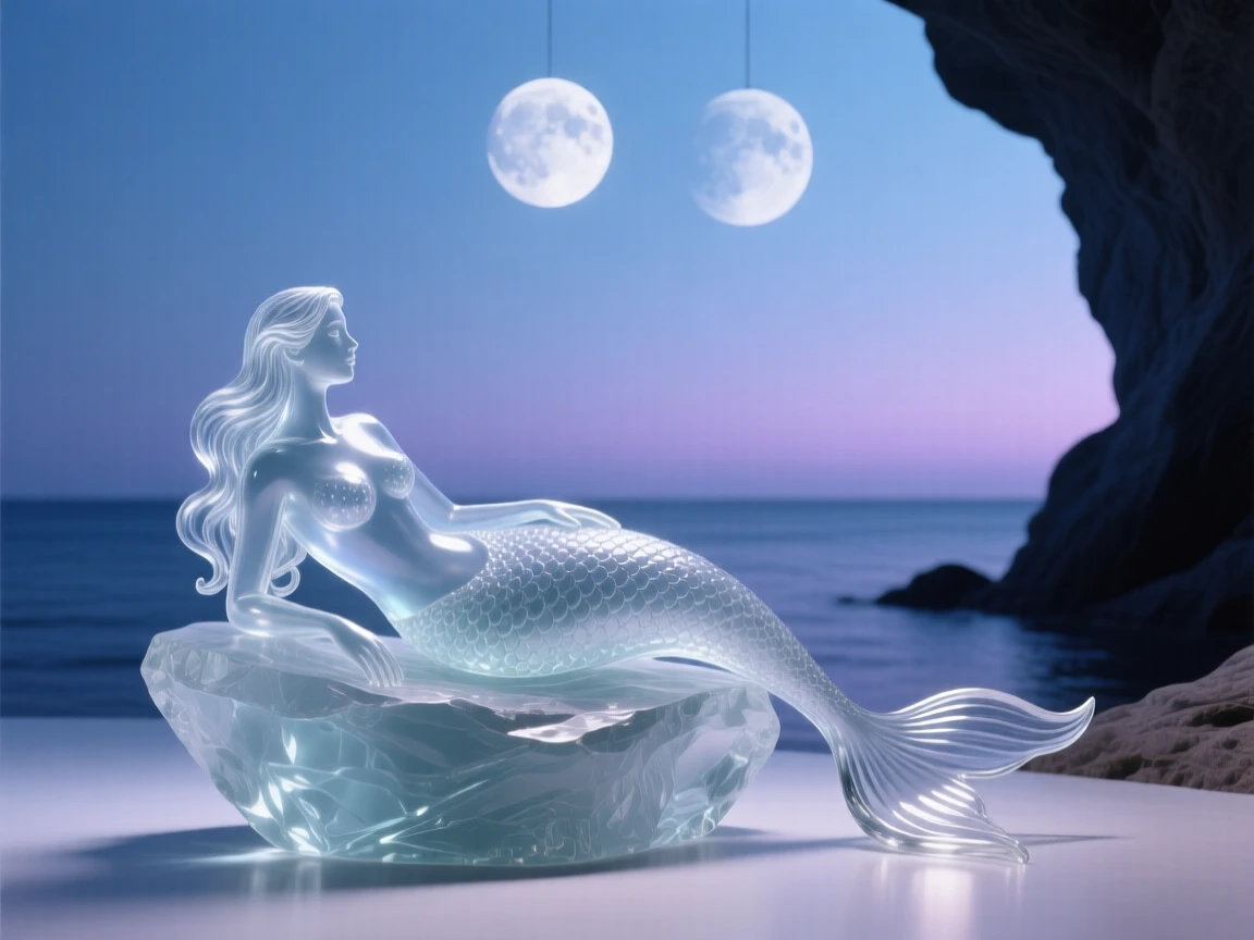 Beneath twin moons hanging low over the horizon, a mermaid resting on a rock at the edge of a hidden cove