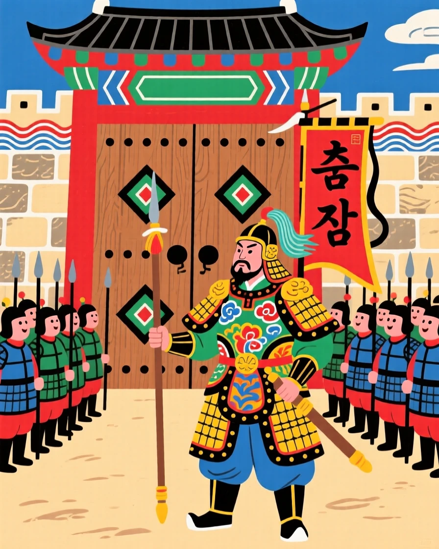 A general in ornate armor standing before his troops at the gates of a fortress.