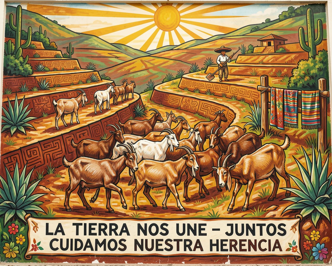 A herd of goats grazing on a steep terraced hillside