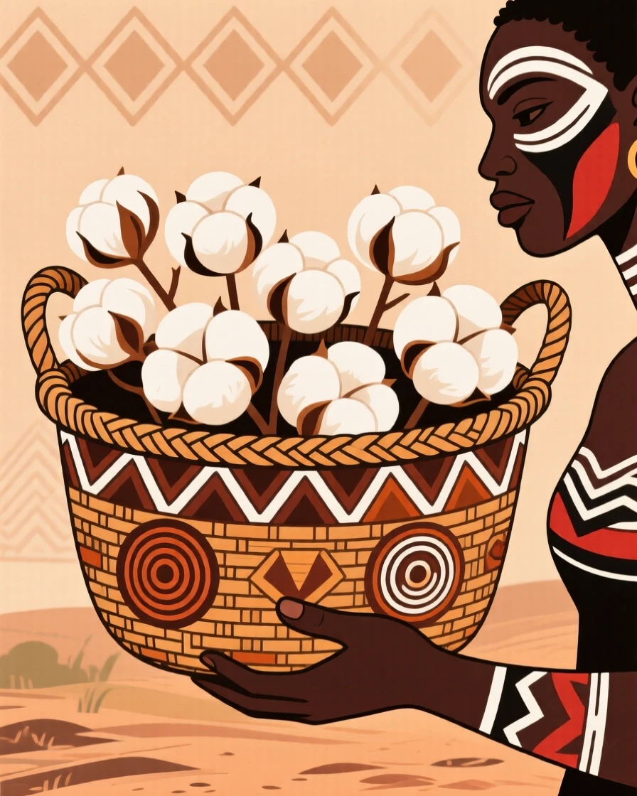 A woven basket filled with freshly picked cotton.