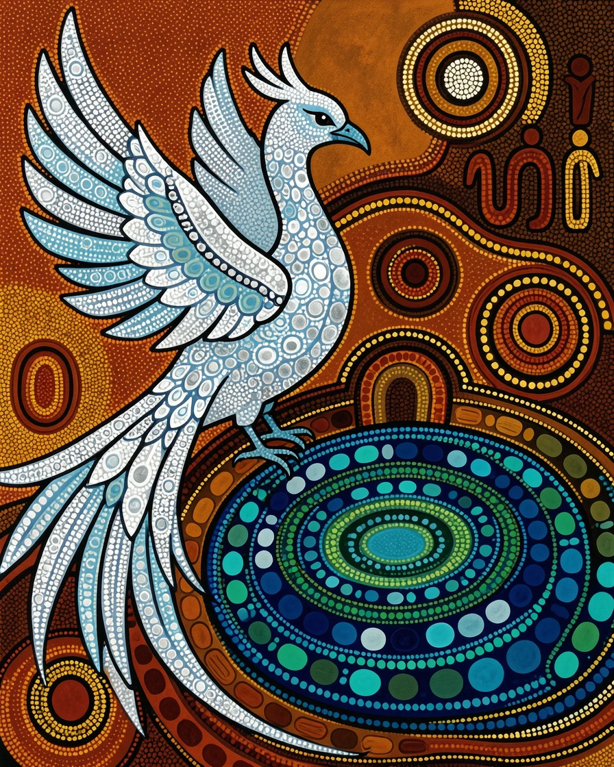 A ice phoenix resting beside an enchanted spring