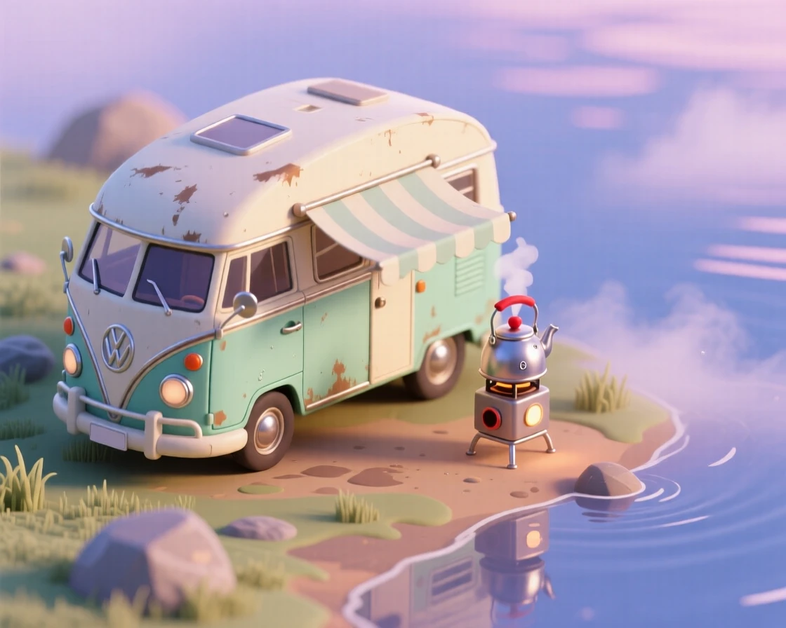 A vintage camper van parked beside a lake at dawn, awning extended, a kettle boiling on a small stove outside.