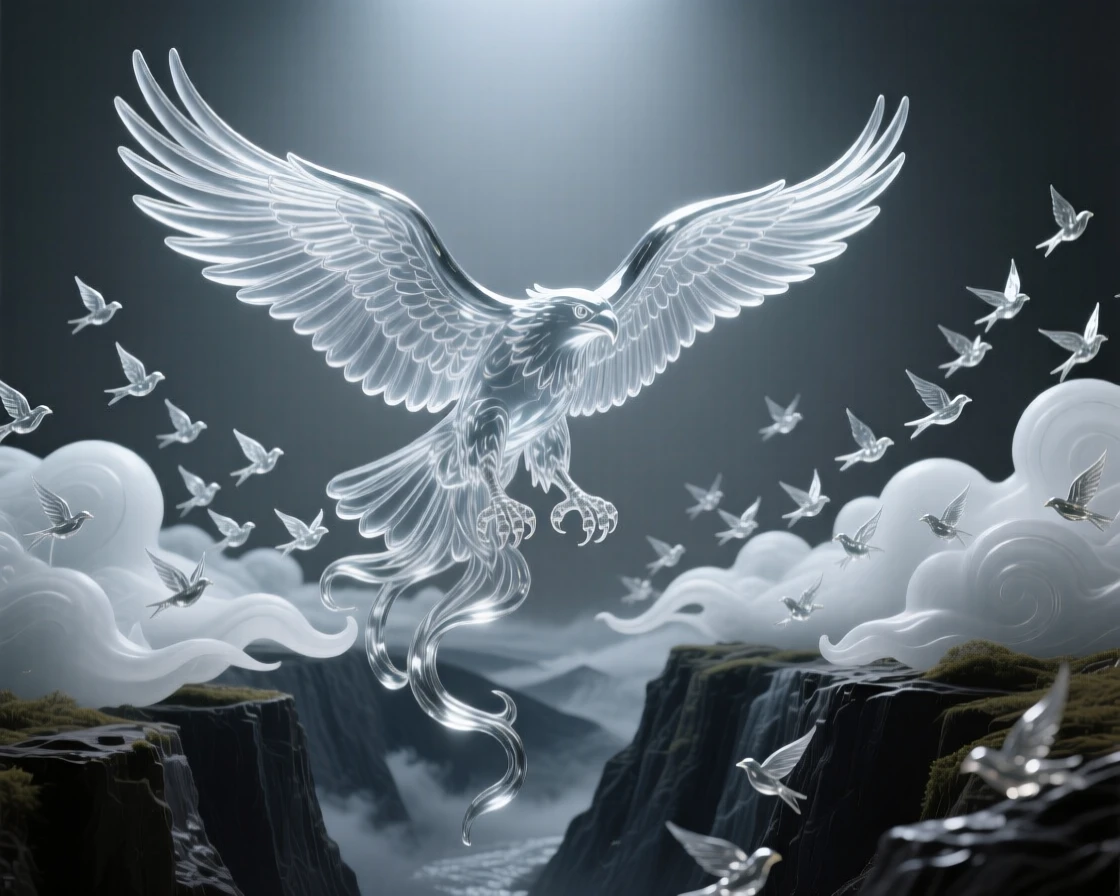 A thunderbird spreading its wings above a stormy canyon as hundreds of birds circle through the surrounding clouds