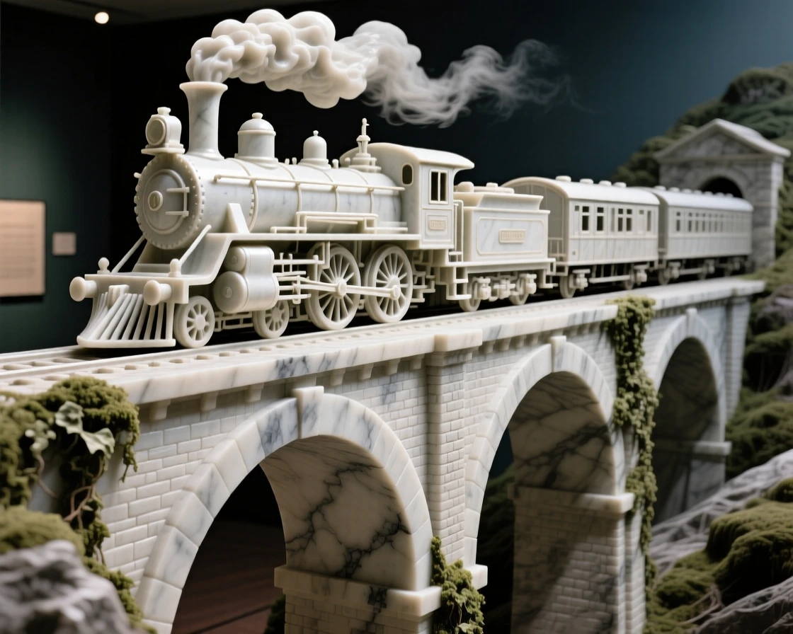 A striking, atmospheric depiction of a vintage train crossing a scenic viaduct, showcasing timeless elegance and grandeur