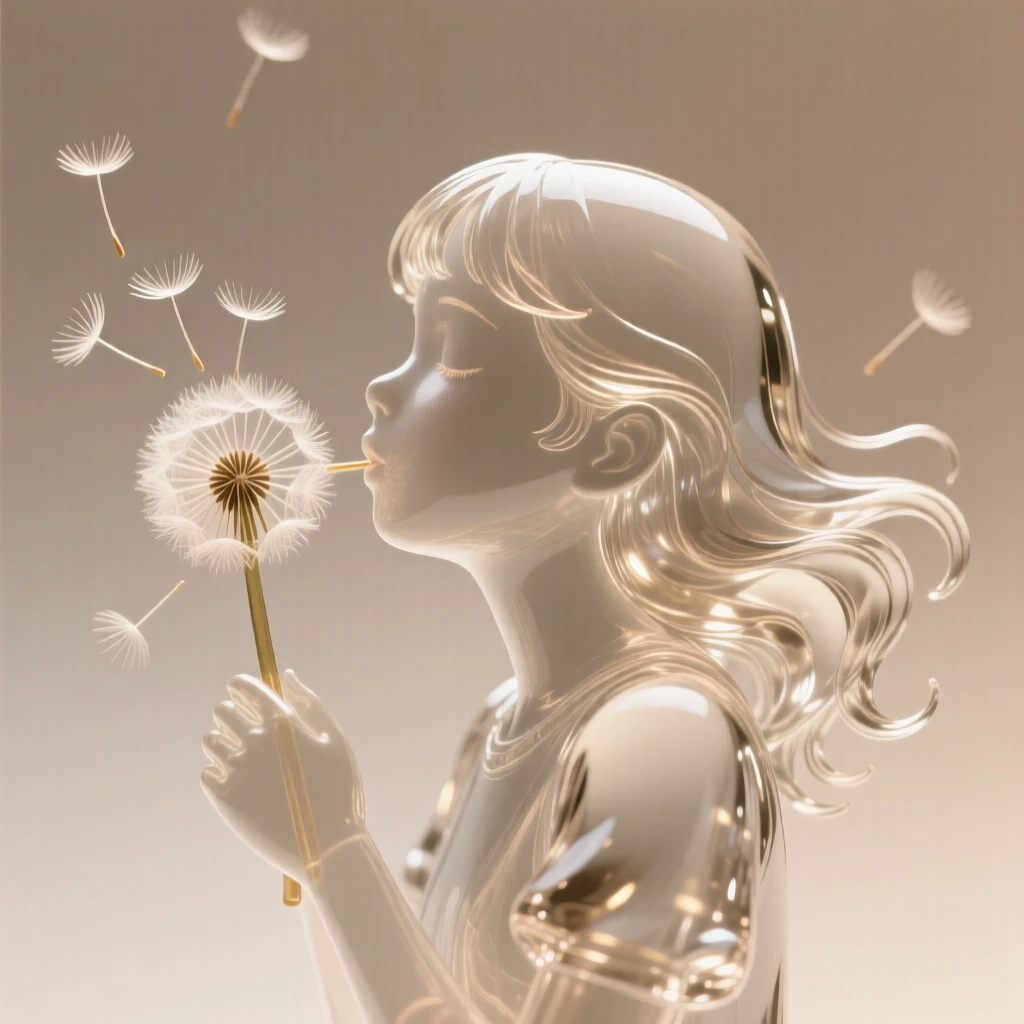 A young girl blowing dandelion seeds into the wind framed in a close, intimate composition, soft rim light outlining the silhouette, evoking warmth and connection.