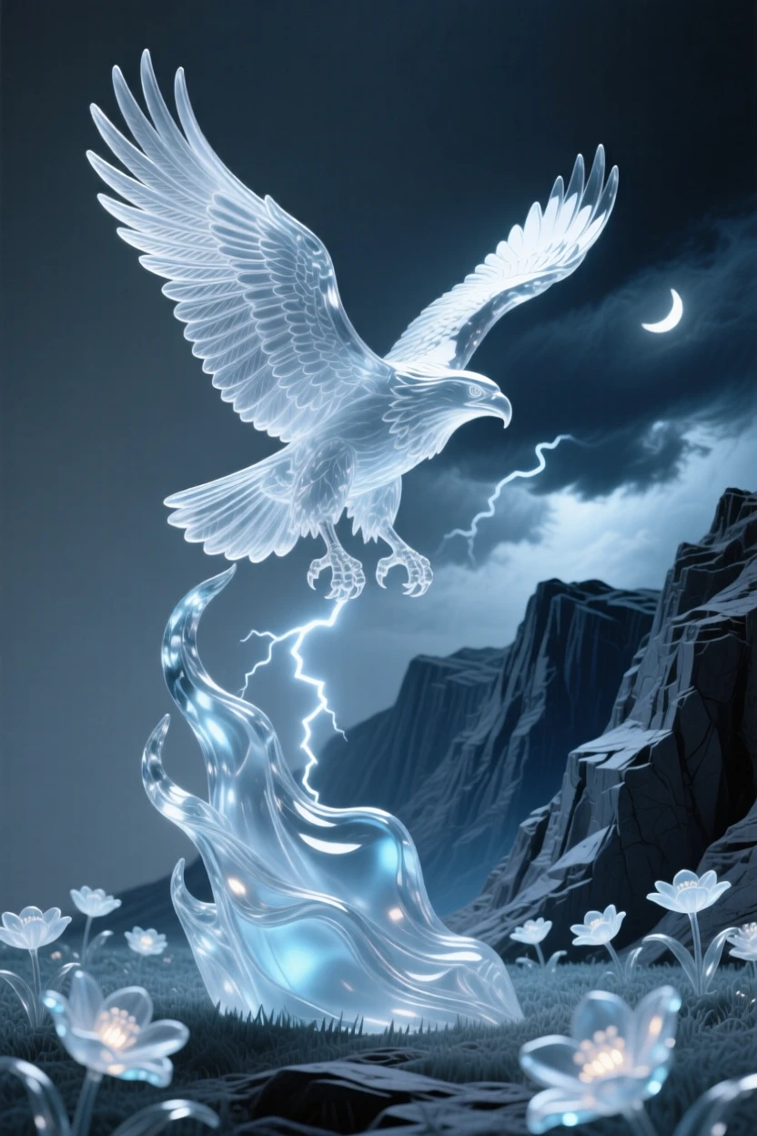 As moonlight spills across a field of glowing flowers, a thunderbird spreading its wings above a stormy canyon