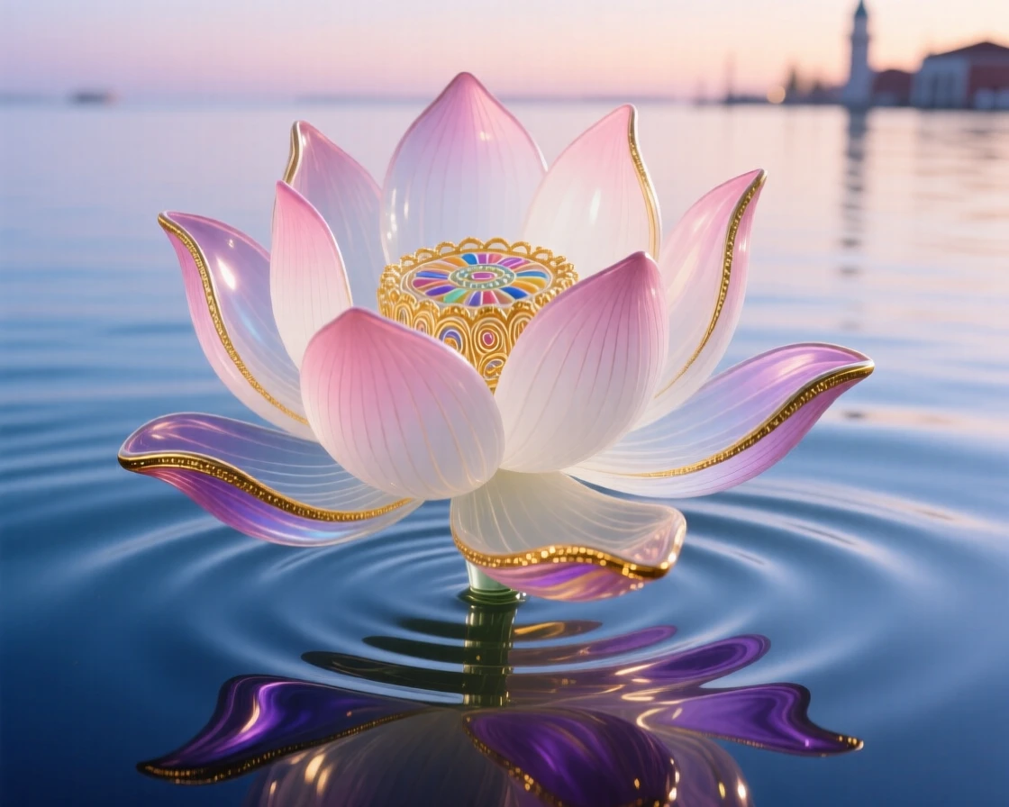 A single lotus flower blooming above still water at dawn, sacred and serene.