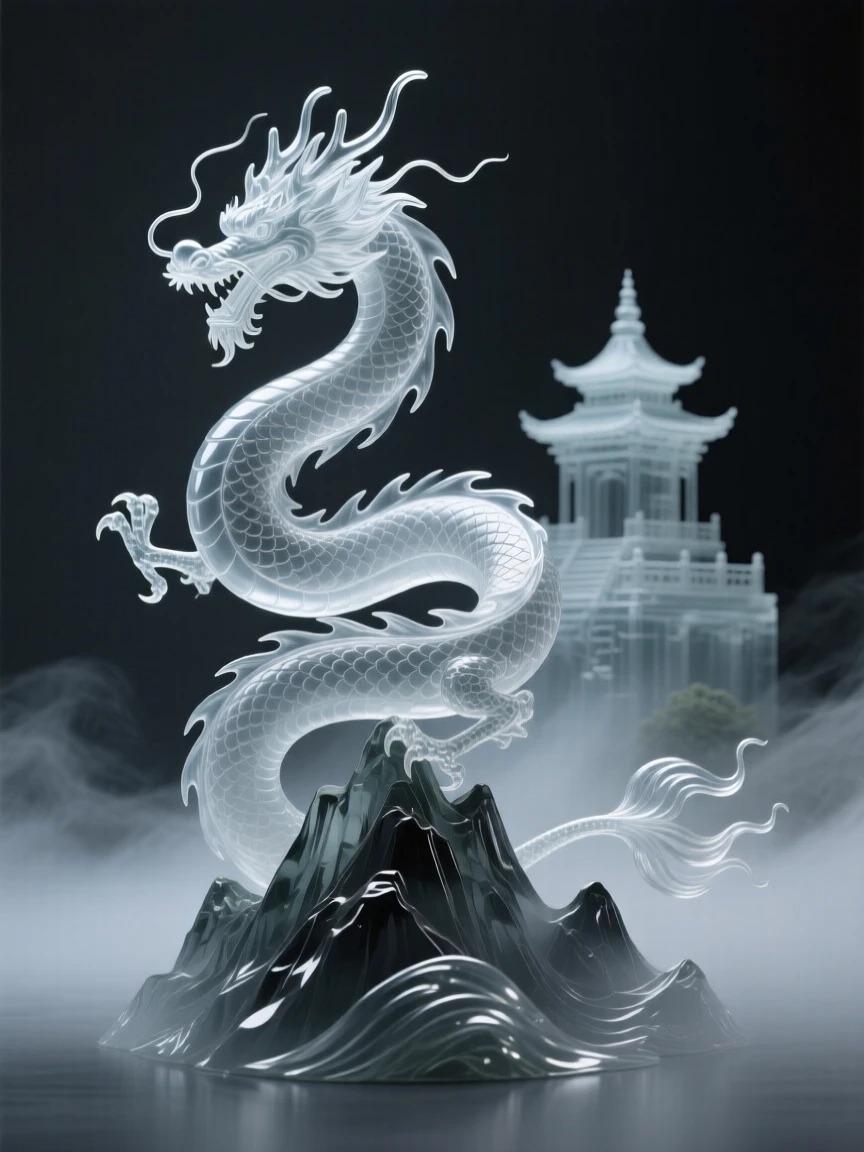 With an ancient temple rising from the mist behind it, a dragon coiled along the spine of a mountain ridge, while the wind carries a faint, otherworldly song