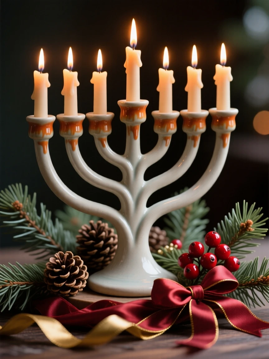 A menorah with candles glowing warmly posed amid seasonal decorations, wrapped in ribbons and festive trimmings, capturing the magic of a beloved seasonal moment.