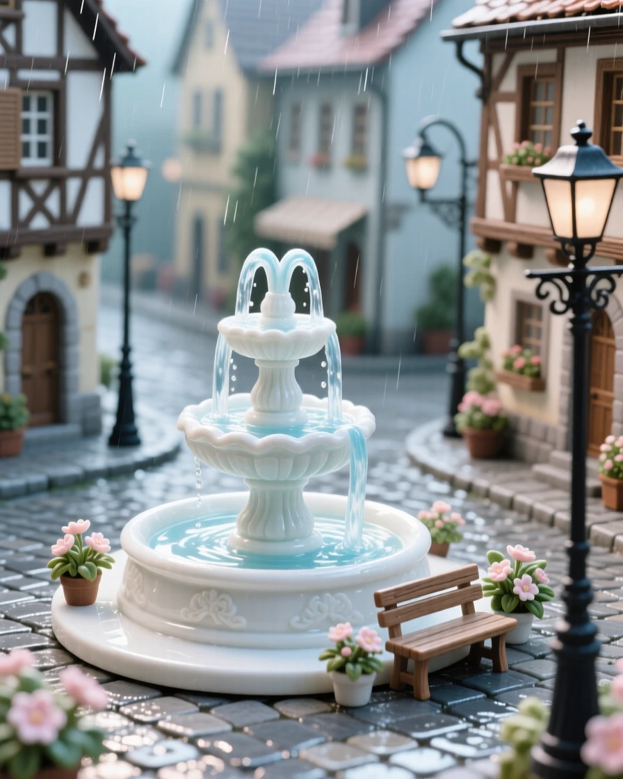 A charming old town square with a central fountain, a gentle rain giving the street a soft shine.