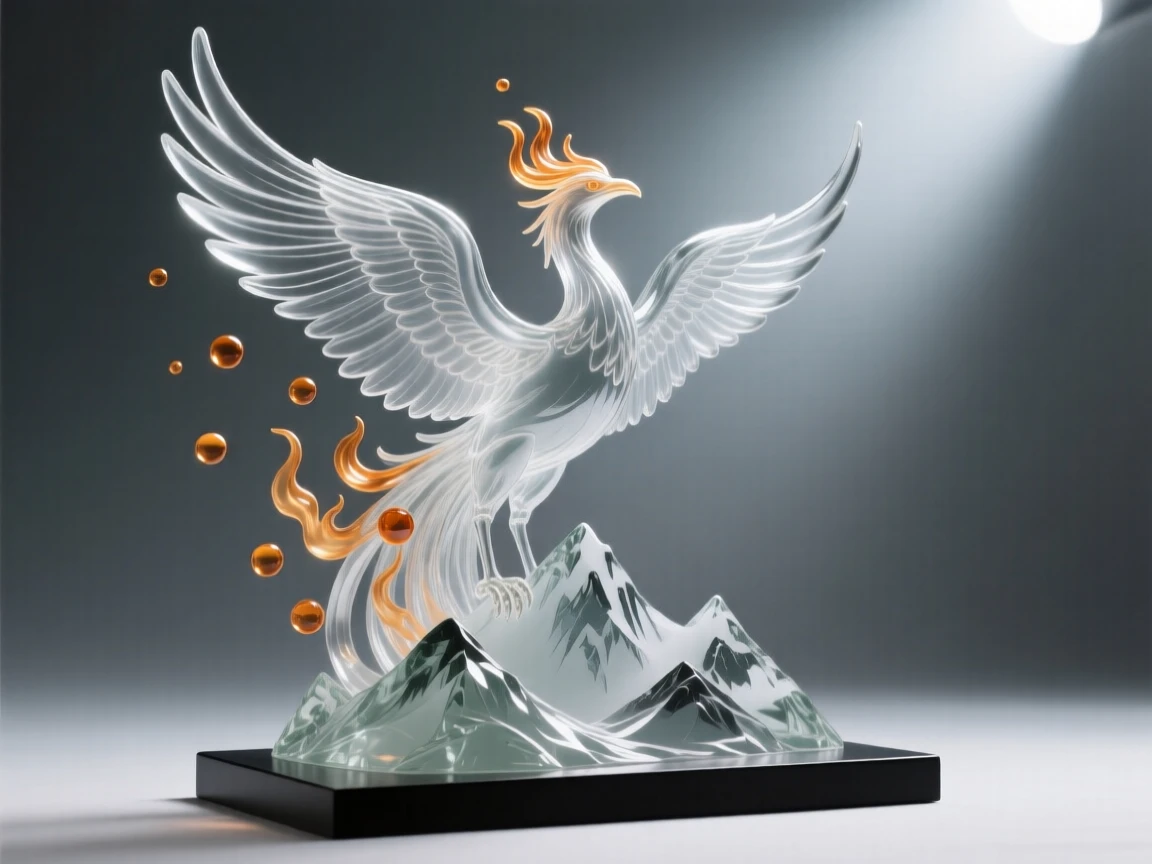 As embers rise and drift into the night sky, a phoenix rising above a mountain range in a burst of light