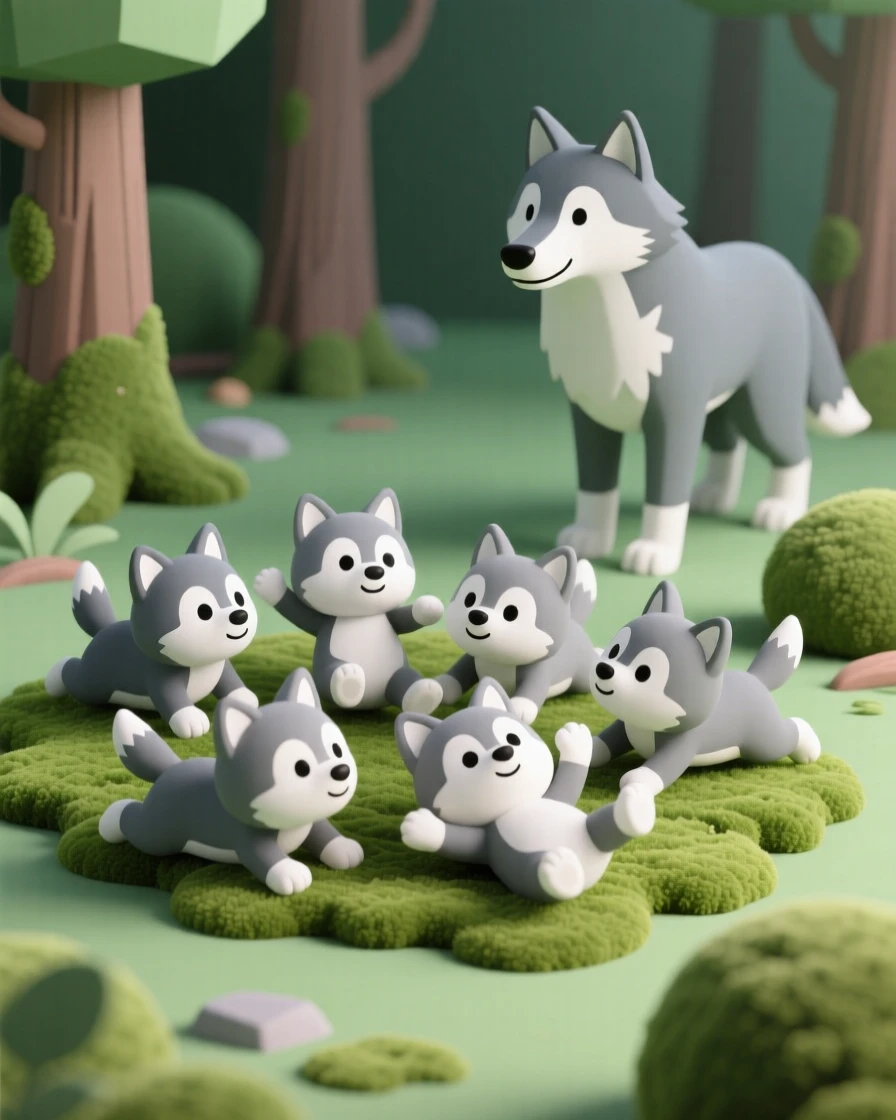 A pack of wolf cubs tumble playfully together in a mossy forest clearing while their mother watches nearby.