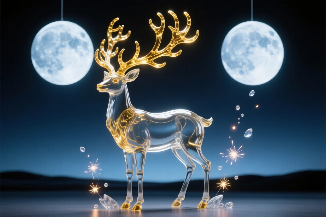 A mythical stag with antlers made of branching golden light beneath twin moons hanging low over the horizon, while sparks drift upward into the night air