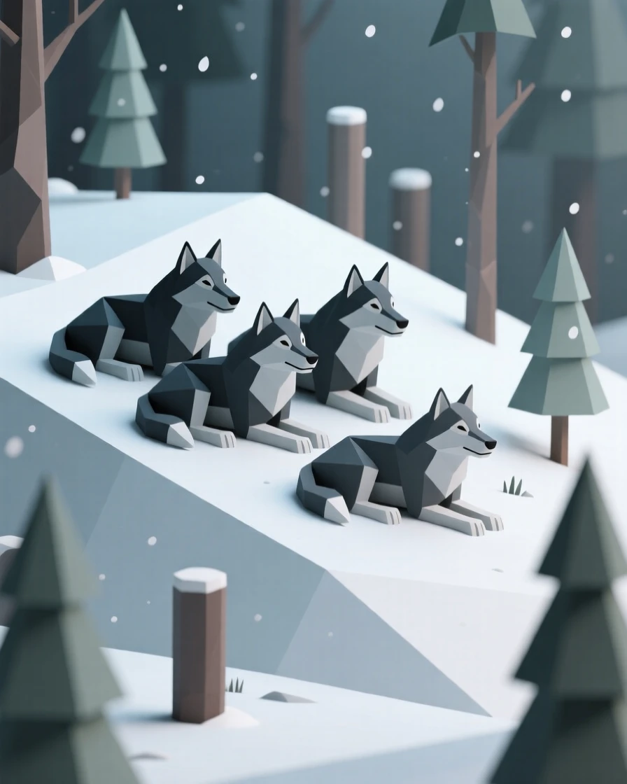 A wolf pack resting on a snowy hillside, in a quiet, dew-covered forest. the composition centers the subject with a shallow depth of field. A feeling of serenity washes over the moment.