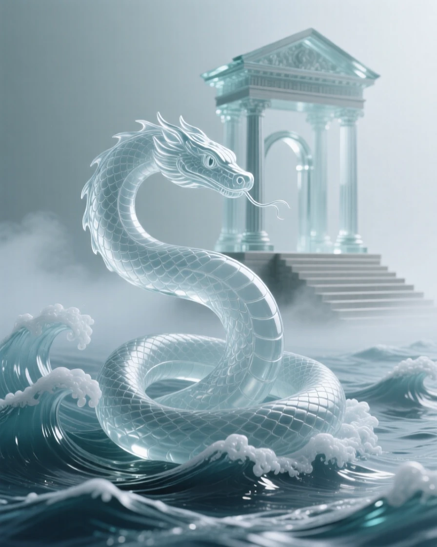 A sea serpent coiling gracefully through ocean waves, with an ancient temple rising from the mist behind it