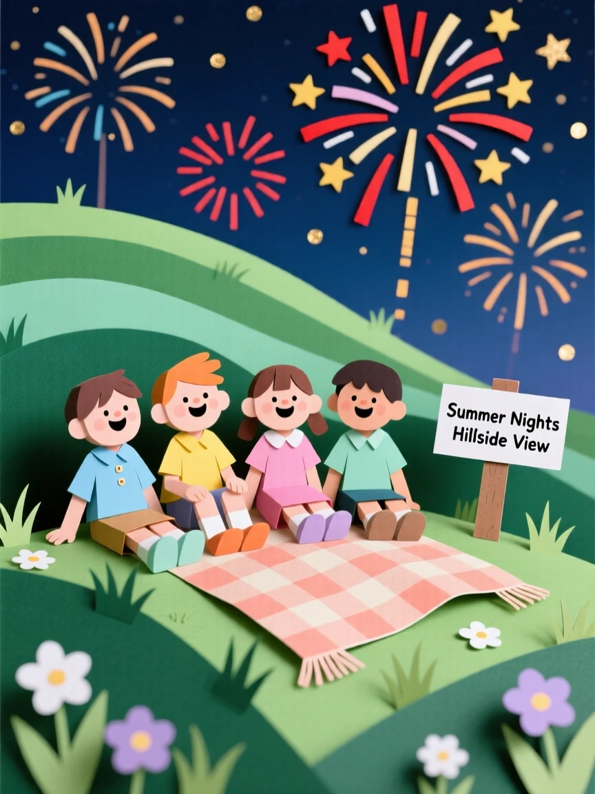 A group of childhood friends watching fireworks from a hillside, with soft laughter caught mid-moment, conveying nostalgia and gentle happiness.