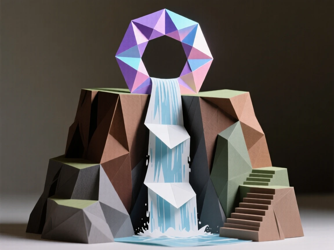 A hidden waterfall that flows upward into a portal glowing at the top of a cliff.