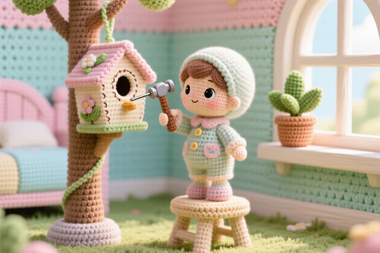 a small child hanging a birdhouse in the yard, standing on a small step stool, carefully nailing the birdhouse to a post, in a sunlit bedroom with soft pastel walls, with a small potted plant on the windowsill nearby, radiating a peaceful sense of home and belonging.